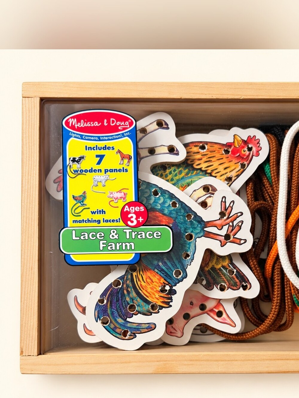 Melissa & Doug Lace & Trace Farm #536 Wooden Lacing Set 7 Panels NEW Unused